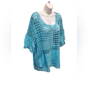 Lane Bryant Boxy Crochet Beach Cover Top Sz 18 Turquoise Drop Short Sleeve